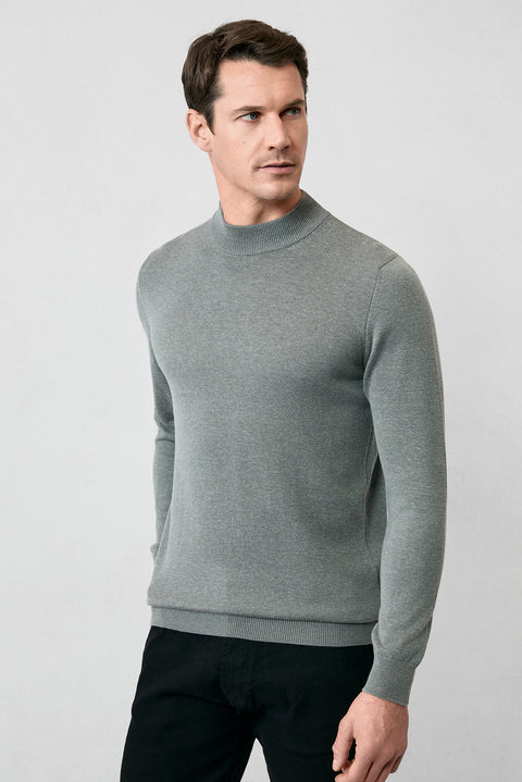 Medium Grey Half Turtleneck Regular Fit Cotton Knitted Sweater