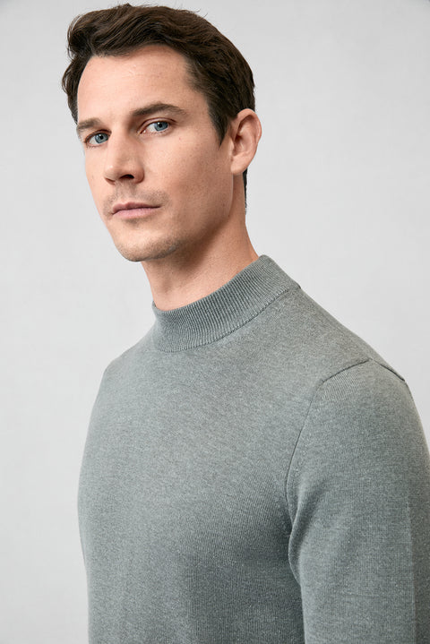 Medium Grey Half Turtleneck Regular Fit Cotton Knitted Sweater