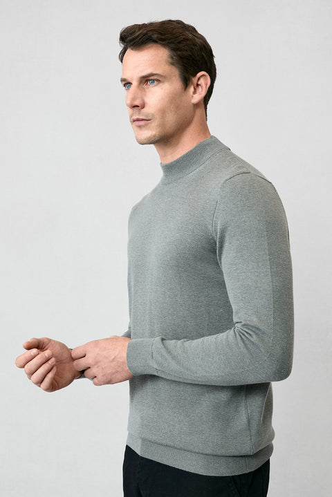 Medium Grey Half Turtleneck Regular Fit Cotton Knitted Sweater