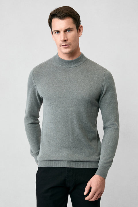 Medium Grey Half Turtleneck Regular Fit Cotton Knitted Sweater