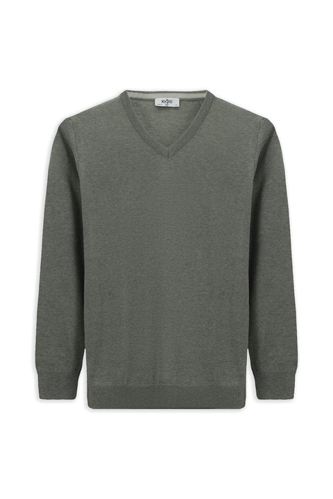 Medium Grey V-Neck Regular Fit Cotton Knitted Sweater