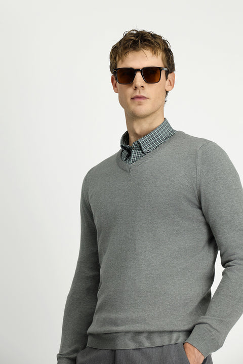 Medium Grey V-Neck Regular Fit Cotton Knitted Sweater