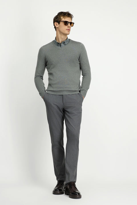 Medium Grey V-Neck Regular Fit Cotton Knitted Sweater