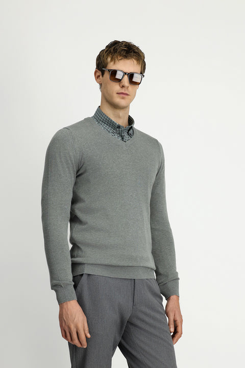 Medium Grey V-Neck Regular Fit Cotton Knitted Sweater