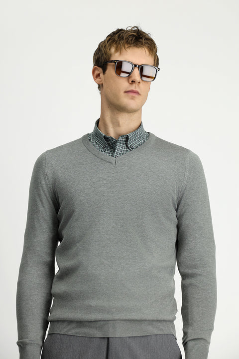 Medium Grey V-Neck Regular Fit Cotton Knitted Sweater
