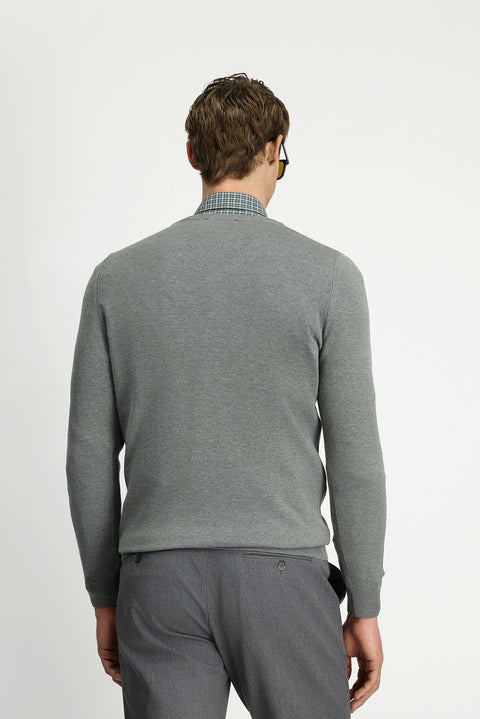 Medium Grey V-Neck Regular Fit Cotton Knitted Sweater