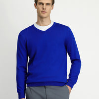 Saks Mavi V Yaka Regular Fit Pamuklu Örme Triko Kazak