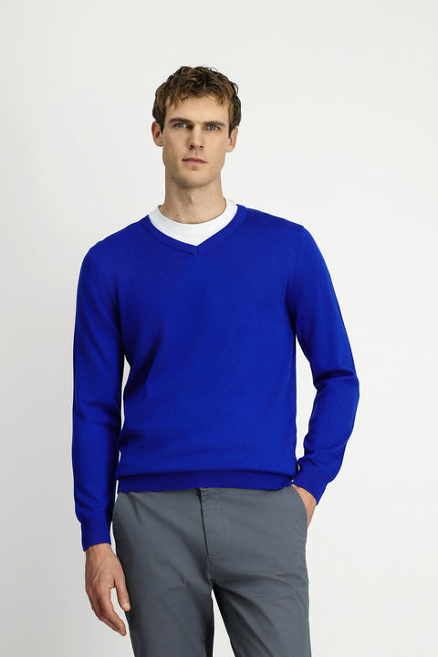 Saks Mavi V Yaka Regular Fit Pamuklu Örme Triko Kazak