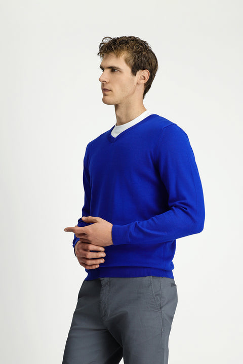Saks Mavi V Yaka Regular Fit Pamuklu Örme Triko Kazak