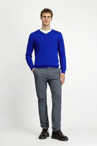  Saks Mavi V Yaka Regular Fit Pamuklu Örme Triko Kazak