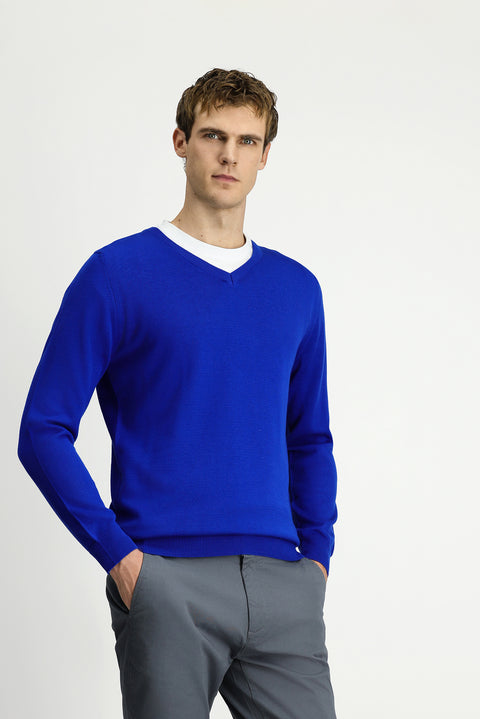 Saks Mavi V Yaka Regular Fit Pamuklu Örme Triko Kazak