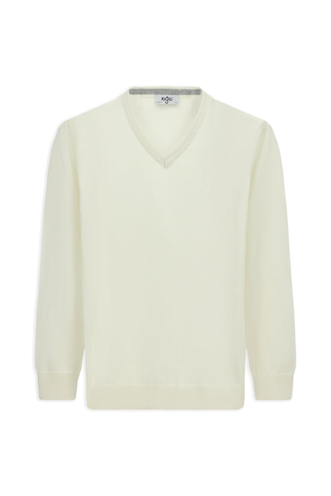 Off-white V-neck Regular Fit Cotton Knitted Sweater