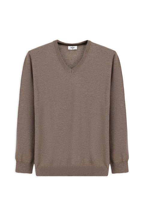 Medium Mink V-Neck Regular Fit Cotton Knitted Sweater
