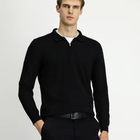 Black Polo Collar Regular Fit Zip-Up Cotton Knit Sweater