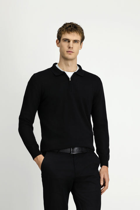 Black Polo Collar Regular Fit Zip-Up Cotton Knit Sweater