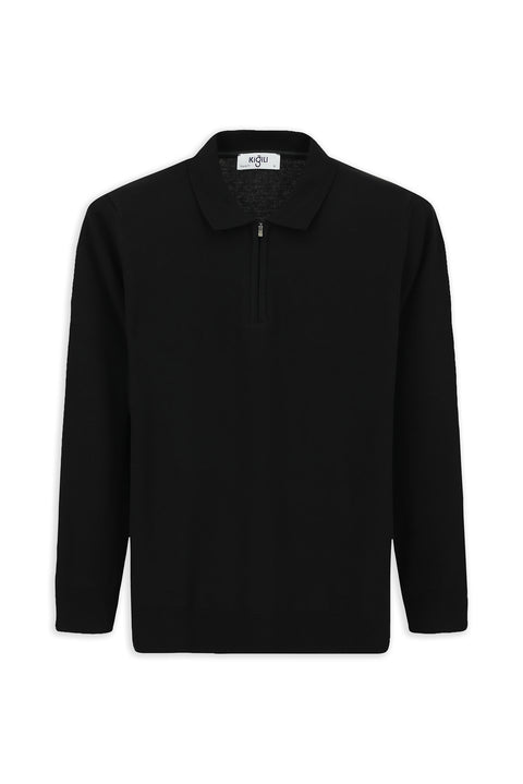 Black Polo Collar Regular Fit Zip-Up Cotton Knit Sweater