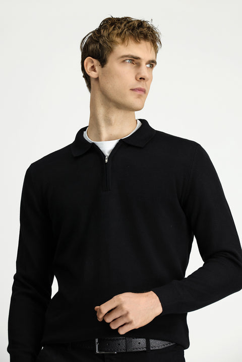 Black Polo Collar Regular Fit Zip-Up Cotton Knit Sweater