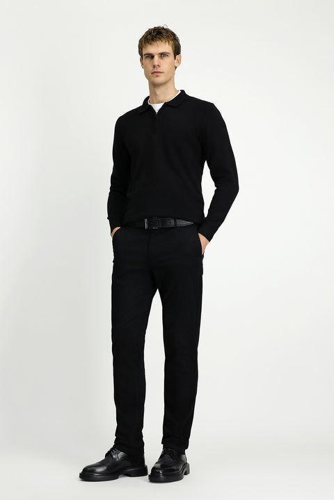Black Polo Collar Regular Fit Zip-Up Cotton Knit Sweater