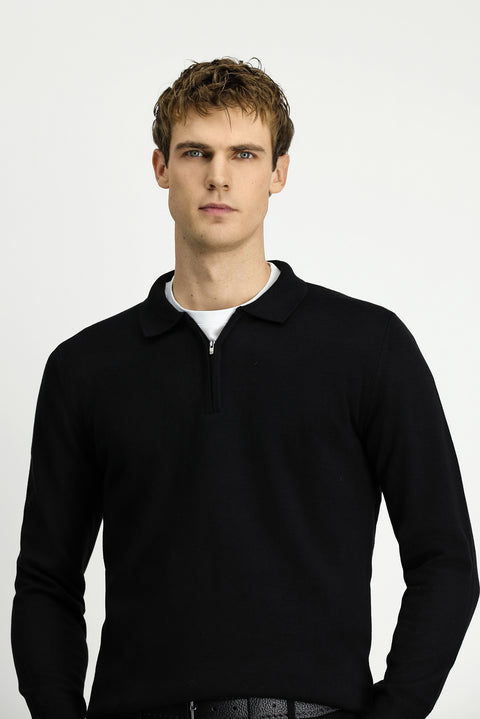Black Polo Collar Regular Fit Zip-Up Cotton Knit Sweater