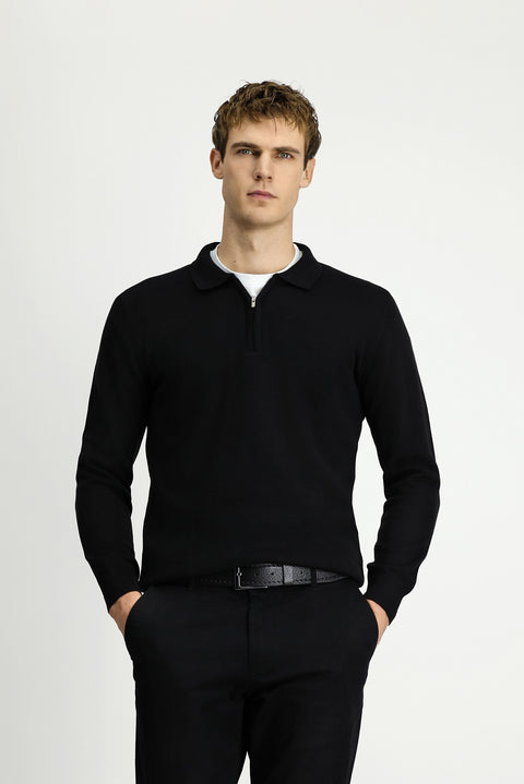 Black Polo Collar Regular Fit Zip-Up Cotton Knit Sweater