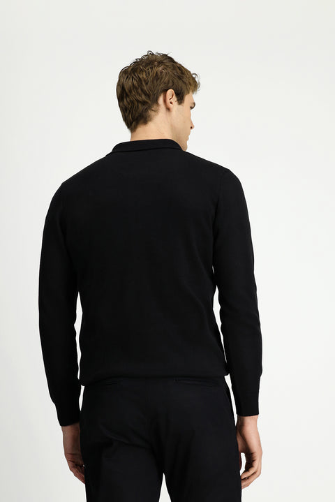 Black Polo Collar Regular Fit Zip-Up Cotton Knit Sweater