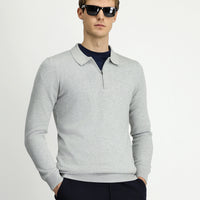 Light Grey Polo Collar Regular Fit Zip-Up Cotton Knit Sweater