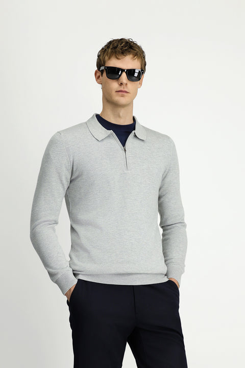 Light Grey Polo Collar Regular Fit Zip-Up Cotton Knit Sweater