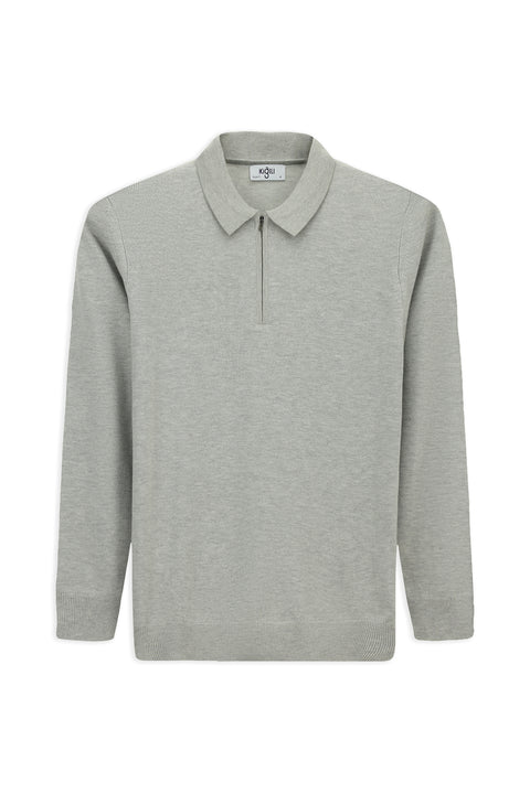 Light Grey Polo Collar Regular Fit Zip-Up Cotton Knit Sweater