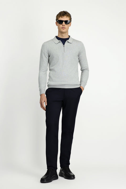 Light Grey Polo Collar Regular Fit Zip-Up Cotton Knit Sweater