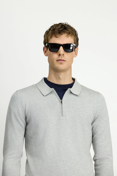 Light Grey Polo Collar Regular Fit Zip-Up Cotton Knit Sweater