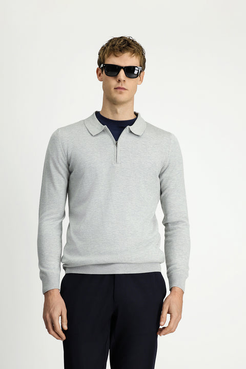 Light Grey Polo Collar Regular Fit Zip-Up Cotton Knit Sweater