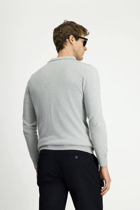 Light Grey Polo Collar Regular Fit Zip-Up Cotton Knit Sweater