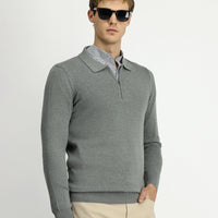 Medium Grey Polo Collar Regular Fit Zip-Up Cotton Knit Sweater