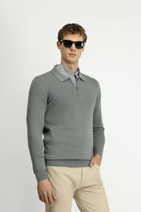 Medium Grey Polo Collar Regular Fit Zip-Up Cotton Knit Sweater