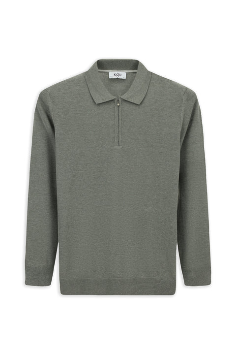 Medium Grey Polo Collar Regular Fit Zip-Up Cotton Knit Sweater