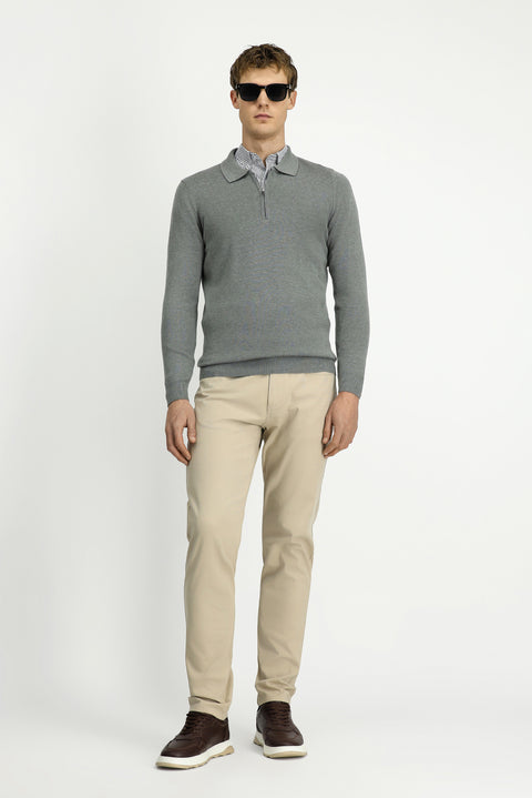 Medium Grey Polo Collar Regular Fit Zip-Up Cotton Knit Sweater