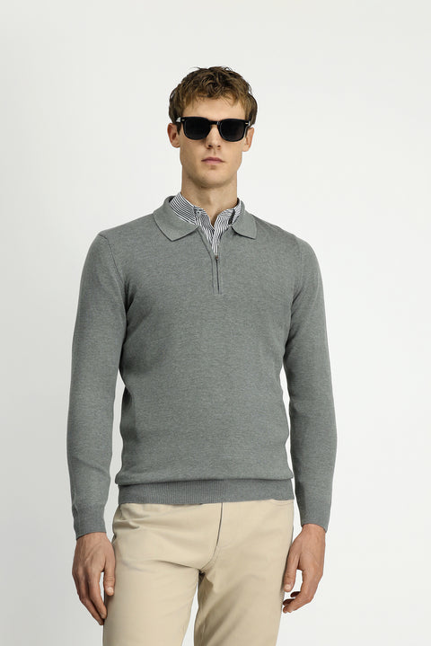Medium Grey Polo Collar Regular Fit Zip-Up Cotton Knit Sweater