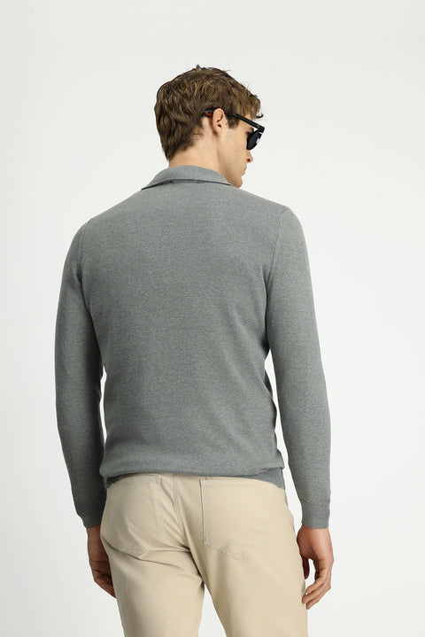 Medium Grey Polo Collar Regular Fit Zip-Up Cotton Knit Sweater