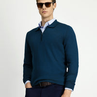 Medium Petrol Polo Collar Regular Fit Zip-Up Cotton Knit Sweater