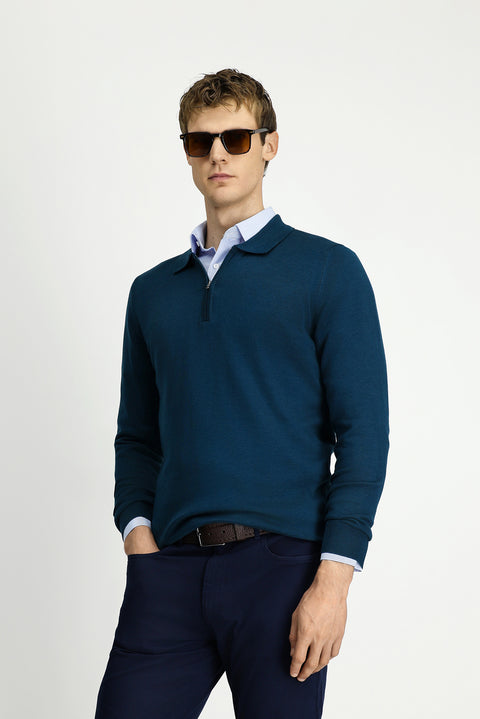 Medium Petrol Polo Collar Regular Fit Zip-Up Cotton Knit Sweater