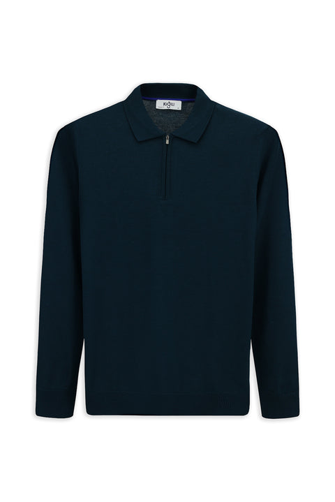 Medium Petrol Polo Collar Regular Fit Zip-Up Cotton Knit Sweater