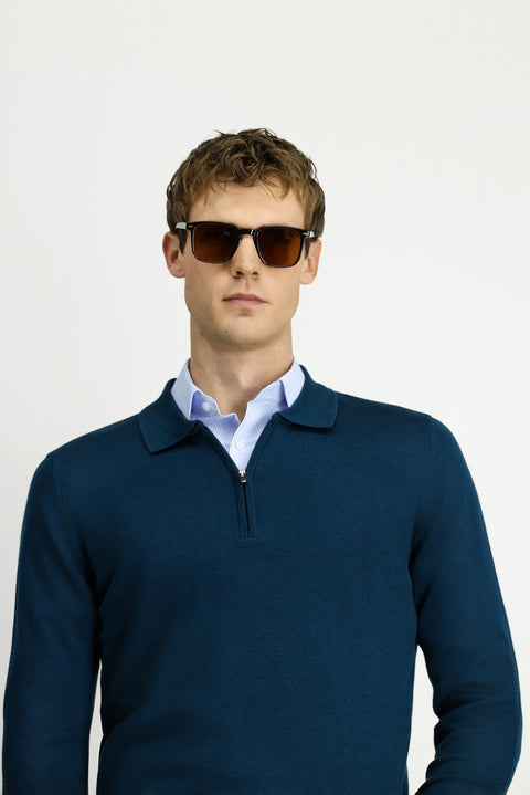 Medium Petrol Polo Collar Regular Fit Zip-Up Cotton Knit Sweater