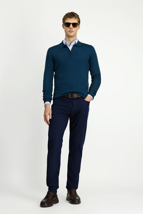 Medium Petrol Polo Collar Regular Fit Zip-Up Cotton Knit Sweater