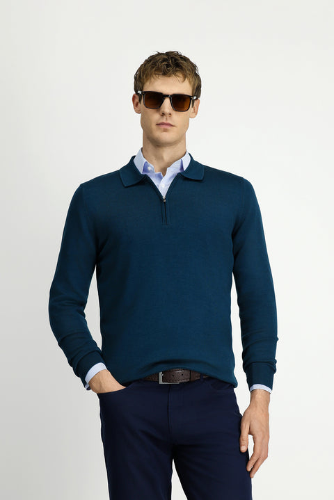 Medium Petrol Polo Collar Regular Fit Zip-Up Cotton Knit Sweater