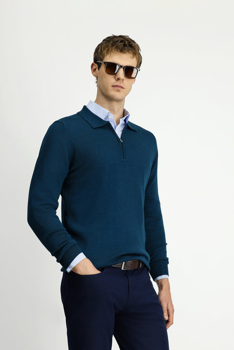 Medium Petrol Polo Collar Regular Fit Zip-Up Cotton Knit Sweater