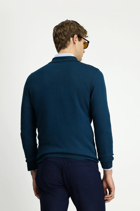 Medium Petrol Polo Collar Regular Fit Zip-Up Cotton Knit Sweater