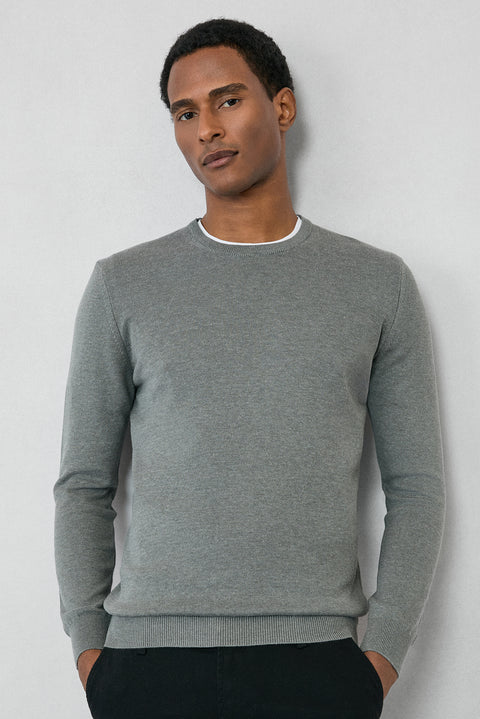 Medium Grey Crew Neck Regular Fit Cotton Knit Sweater