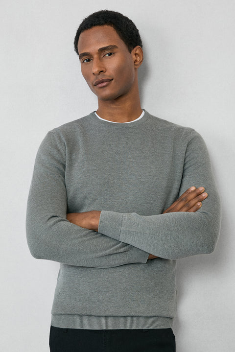 Medium Grey Crew Neck Regular Fit Cotton Knit Sweater