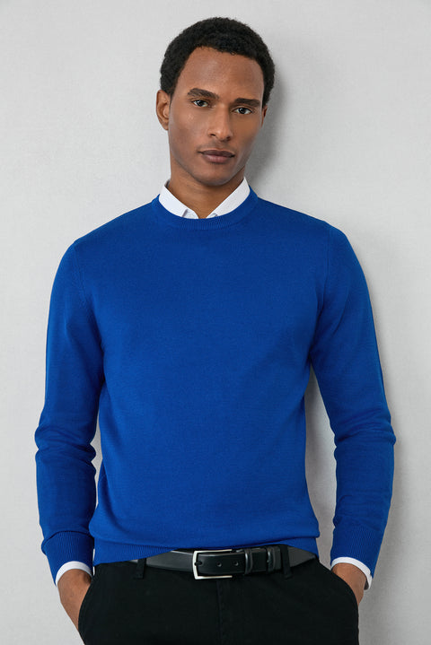 Navy Blue Crew Neck Regular Fit Cotton Knit Sweater