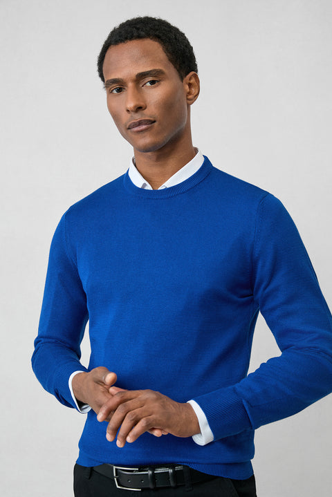 Navy Blue Crew Neck Regular Fit Cotton Knit Sweater